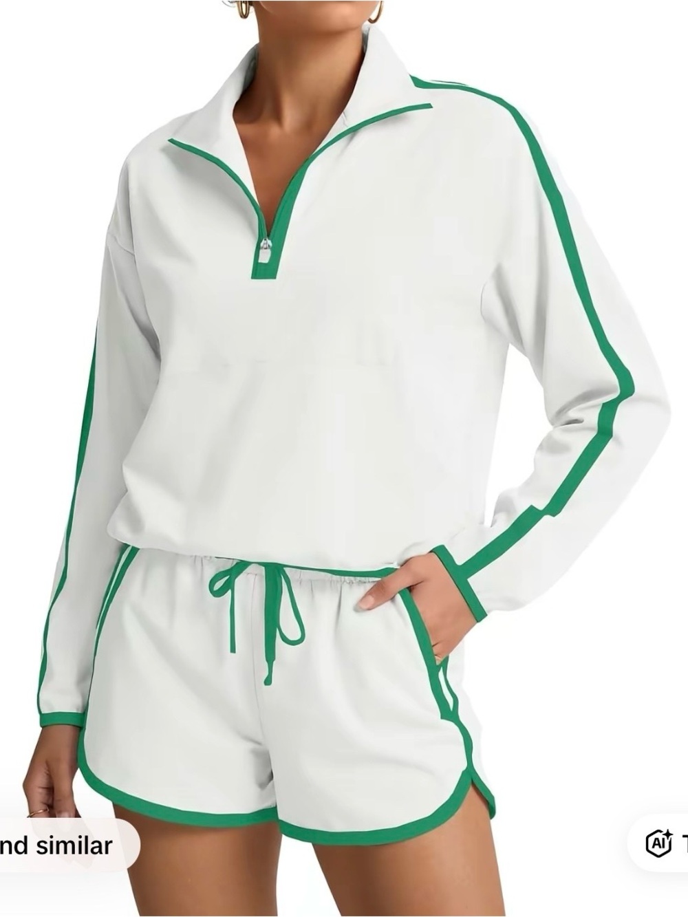 Women's White Lounge Set with Green Trim - Casual Sleepwear
